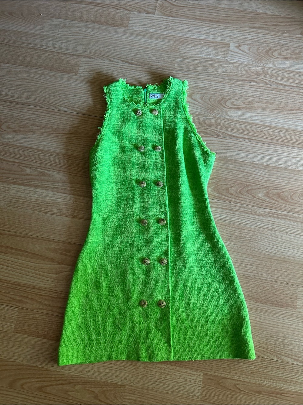 Zara Neon Green Textured Weave Tweed Buttoned Mini Dress XS